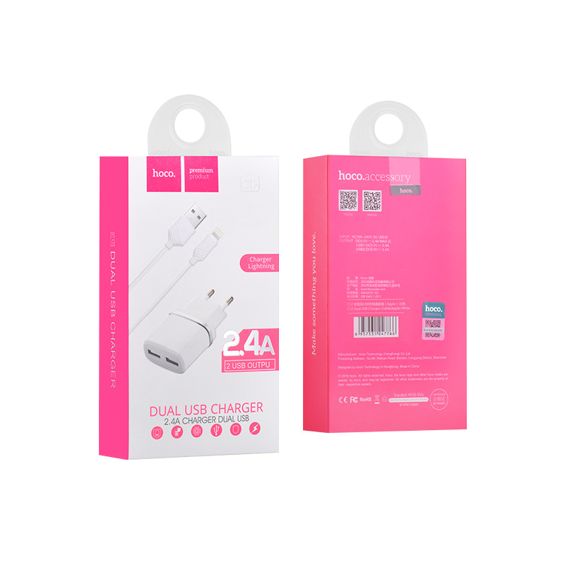 HOCO C12.L Smart Caricatore con 2 porte 2,4A e cavo Lightning - Bianco