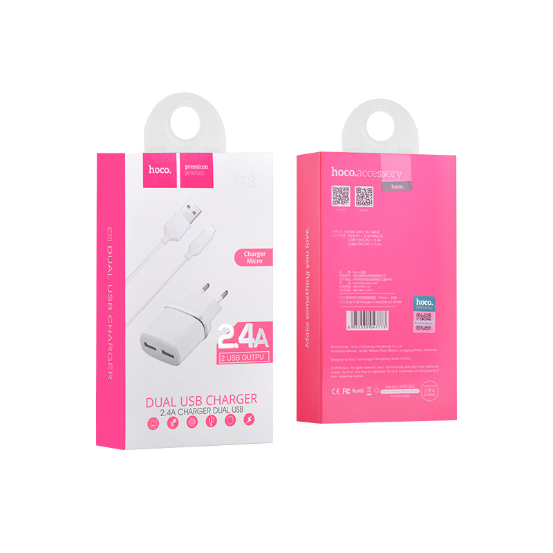 HOCO C12.M Smart Caricatore con 2 porte 2,4A e cavo Lightning - Bianco