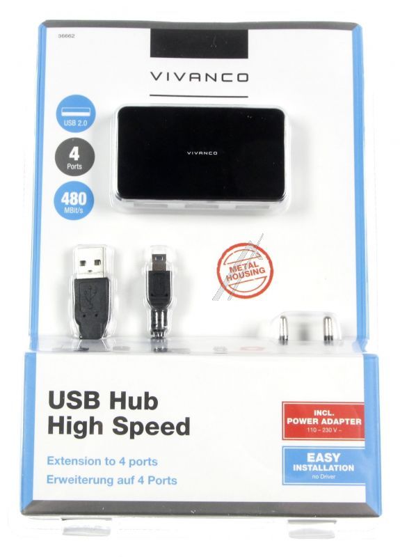 HUB USB 2.0 , 4-PORT, INCL. ALIMENTATORE