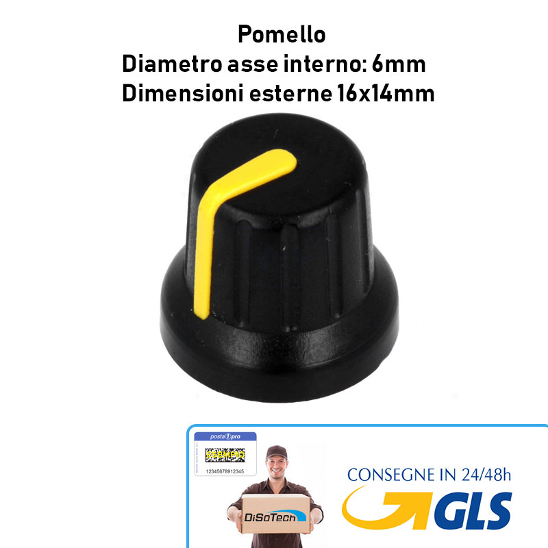 Pomello Manopola Nero con rigo Giallo Diam. 6mm 16x14mm