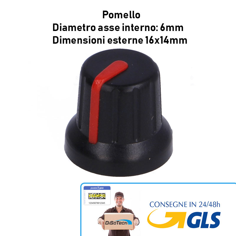 Pomello Manopola Nero con rigo Rosso Diam. 6mm 16x14mm