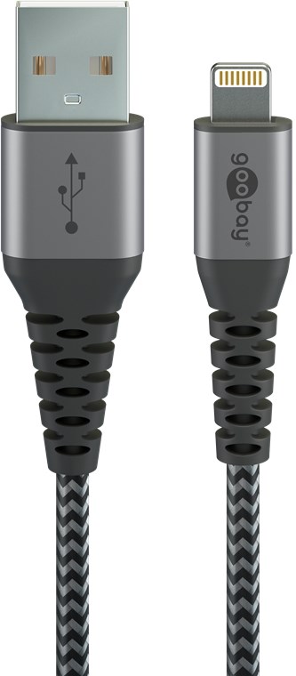 Lightning a USB-A cavo tessile con tappi metallici (grigio siderale/argento) 2 m - Goobay