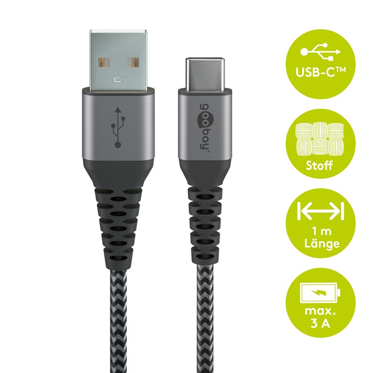 USB-C™ a USB-A cavo tessile con tappi metallici (grigio siderale/argento) 2 m - Goobay